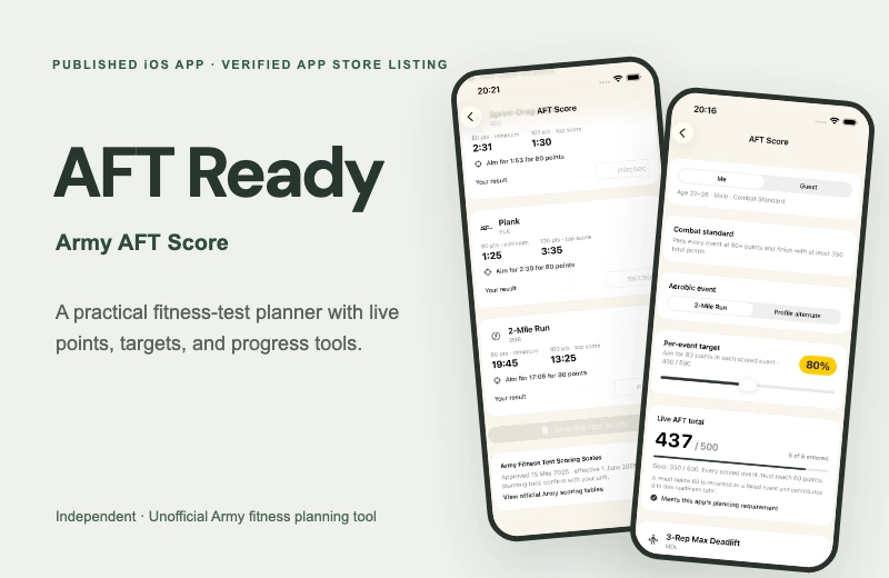 AFT Ready, the published Army AFT Score app, with two genuine App Store promotional screenshots