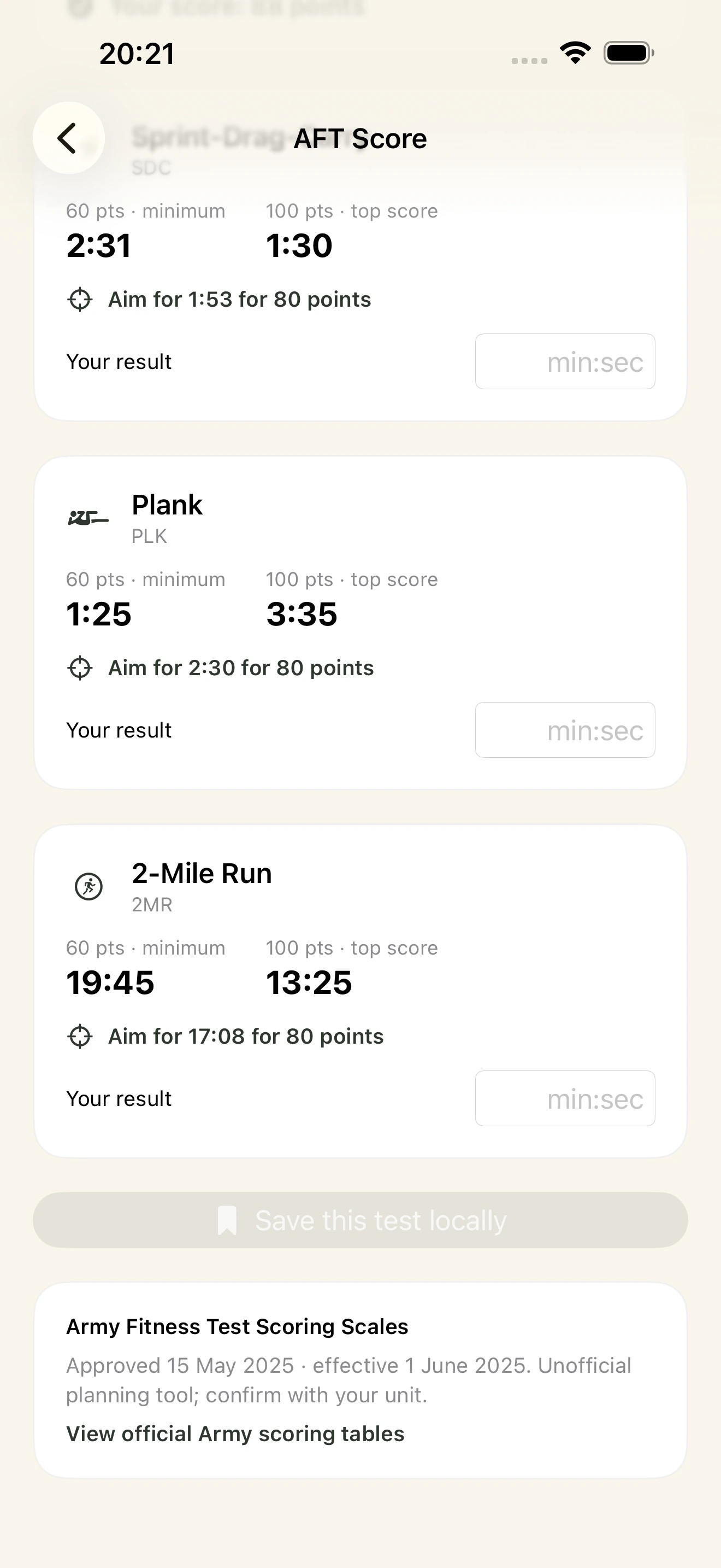 Actual Army AFT Score App Store screenshot of per-event target scores for plank, sprint-drag-carry, and the two-mile run.