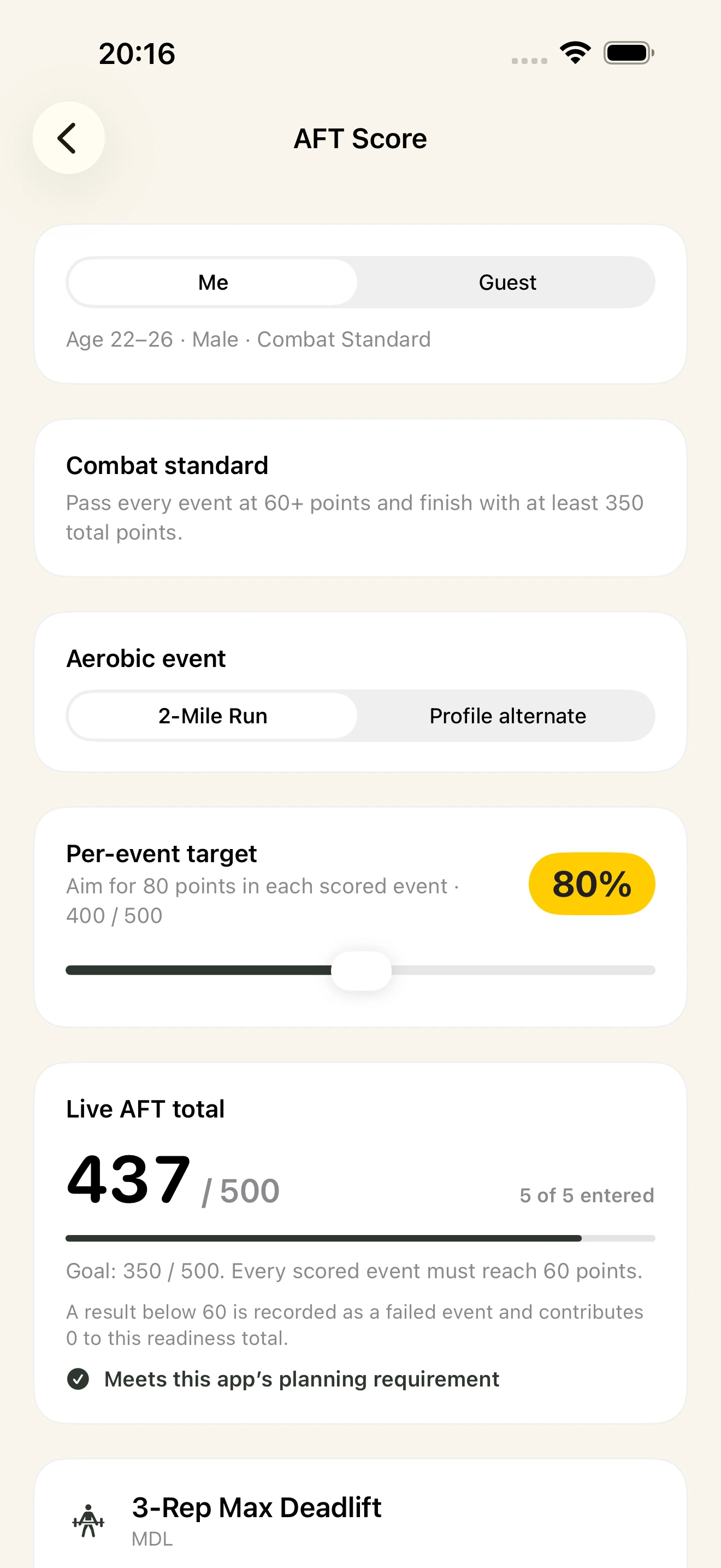 Actual Army AFT Score App Store screenshot showing a sample live fitness-test total and progress toward the target.
