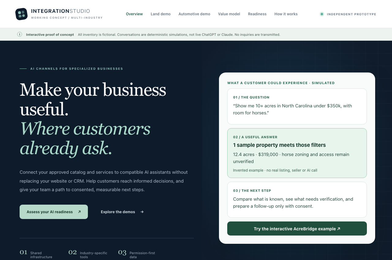 Integration Studio public prototype homepage